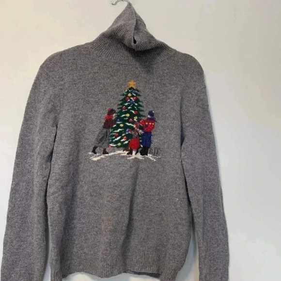 Jones New York Sport Christmas tree grey  100% lambswool turtleneck sweater - Picture 1 of 3